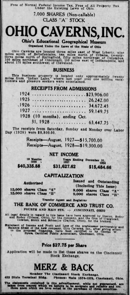 Ohio Caverns Stock Offering, Cincinnati Enquirer, January 17, 1929